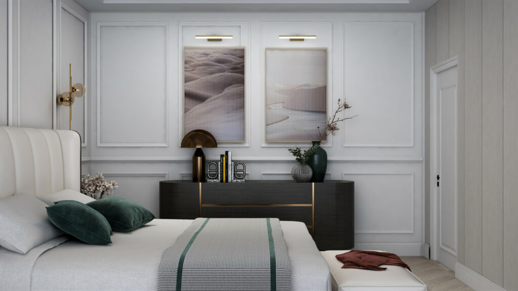 Elegant bedroom featuring white wall paneling, abstract landscape artwork, dark modern credenza, and plush bedding with emerald accents